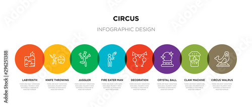 8 colorful circus outline icons set such as circus walrus, claw machine, crystal ball, decoration, fire eater man, juggler, knife throwing, labyrinth