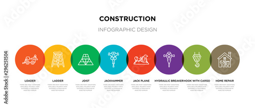 8 colorful construction outline icons set such as home repair, hook with cargo, hydraulic breaker, jack plane, jackhammer, joist, ladder, loader