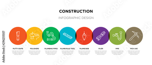 8 colorful construction outline icons set such as pick axe, pipe, plier, plumb bob, plumb rule tool, plumbing pipes, polishers, putty knife