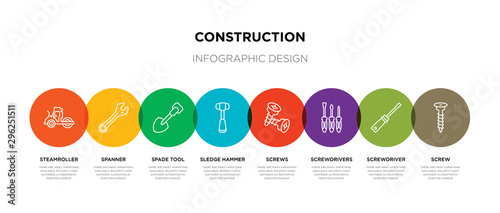 8 colorful construction outline icons set such as screw, screwdriver, screwdrivers, screws, sledge hammer, spade tool, spanner, steamroller