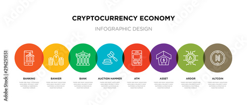 8 colorful cryptocurrency economy outline icons set such as altcoin, ardor, asset, atm, auction hammer, bank, banker, banking