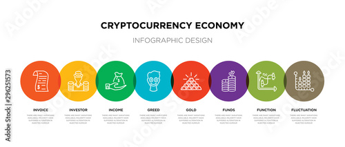 8 colorful cryptocurrency economy outline icons set such as fluctuation, function, funds, gold, greed, income, investor, invoice