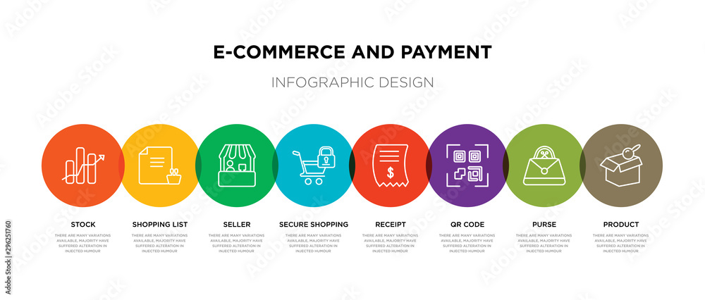 8 colorful e-commerce and payment outline icons set such as product, purse, qr code, receipt, secure shopping, seller, shopping list, stock 8 colorful e-commerce and payment outline icons set such as product, purse, qr code, receipt, secure shopping, seller, shopping list, stock