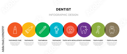 8 colorful dentist outline icons set such as tooth filling, tooth pliers, tooth whitening, with metallic root, toothache, toothbrush, toothpaste, toothpaste tube
