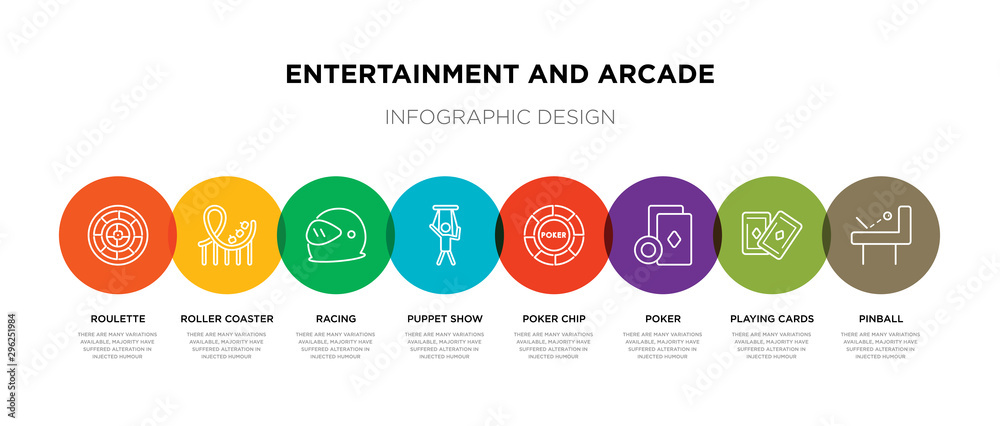8 colorful entertainment and arcade outline icons set such as pinball, playing cards, poker, poker chip, puppet show, racing, roller coaster, roulette 8 colorful entertainment and arcade outline icons set such as pinball, playing cards, poker, poker chip, puppet show, racing, roller coaster, roulette