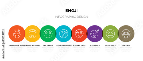 8 colorful emoji outline icons set such as sick emoji, silent emoji, sleep sleeping slightly frowning smile smiling  with halo smiling with horns