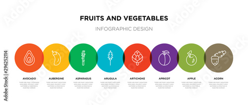 8 colorful fruits and vegetables outline icons set such as acorn, apple, apricot, artichoke, arugula, asparagus, aubergine, avocado