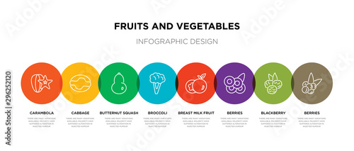 8 colorful fruits and vegetables outline icons set such as berries, blackberry, berries, breast milk fruit, broccoli, butternut squash, cabbage, carambola
