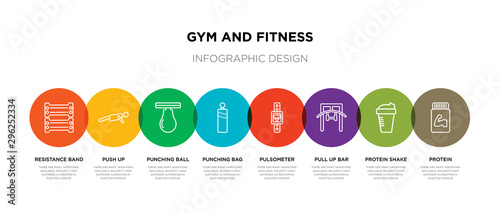 8 colorful gym and fitness outline icons set such as protein, protein shake, pull up bar, pulsometer, punching bag, punching ball, push up, resistance band