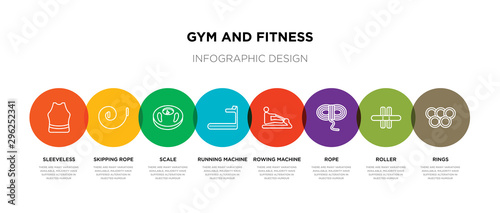 8 colorful gym and fitness outline icons set such as rings, roller, rope, rowing machine, running machine, scale, skipping rope, sleeveless