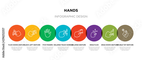 8 colorful hands outline icons set such as double tap gesture, drag down gesture, drag flick, enlarge gesture, enlarge touch screen five fingers, fleck left flick down