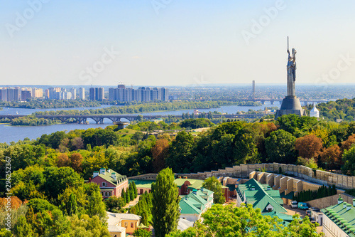 View of Motherland Monument and the Dnieper river in Kiev, Ukraine. Kiev cityscape