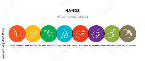 8 colorful hands outline icons set such as flick left gesture, flick right gesture, flick to left gesture, up hand and a bottle, hand and chalk, hand and cit card, knife