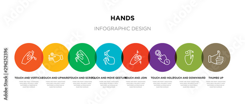 8 colorful hands outline icons set such as thumbs up, touch and downward sliding gesture, touch and hold, touch and join, move gesture, scroll gesture, upward slide, vertical sliding