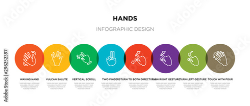 8 colorful hands outline icons set such as touch with four fingers, turn left gesture, turn right gesture, turn to both directions gesture, two fingers, vertical scroll vulcan salute, waving hand