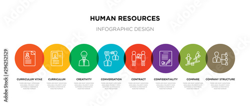 8 colorful human resources outline icons set such as company structure, compare, confidentiality agreement, contract, conversation, creativity, curriculum, curriculum vitae
