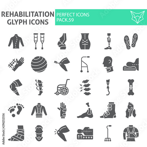 Rehabilitation glyph icon set, therapy symbols collection, vector sketches, logo illustrations, physiotherapy signs solid pictograms package isolated on white background.