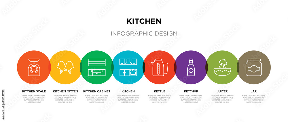 8 colorful kitchen outline icons set such as jar, juicer, ketchup, kettle,  kitchen, kitchen cabinet, mitten, scale Stock Vector | Adobe Stock