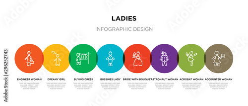 8 colorful ladies outline icons set such as accounter woman, acrobat woman, astronaut woman, bride with bouquet, bussines lady, buying dress, dreamy girl, engineer