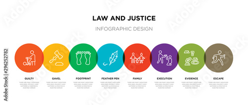 8 colorful law and justice outline icons set such as escape, evidence, execution, family, feather pen, footprint, gavel, guilty