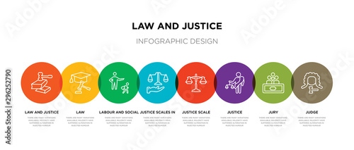 8 colorful law and justice outline icons set such as judge, jury, justice, justice scale, scales in hand, labour and social law, law, and