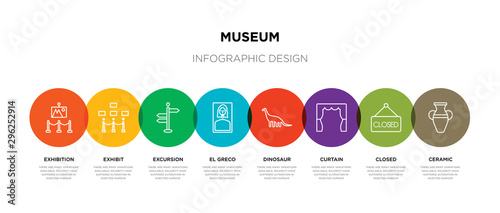 8 colorful museum outline icons set such as ceramic, closed, curtain, dinosaur, el greco, excursion, exhibit, exhibition