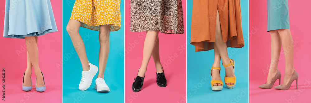 Collage of women wearing different stylish shoes on color backgrounds, closeup - obrazy, fototapety, plakaty 