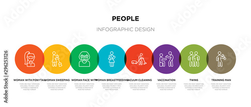 8 colorful people outline icons set such as training man, twins, vaccination, vacuum cleaning, woman breastfeeding, woman face with sunglasses, woman sweeping, with ponytail face
