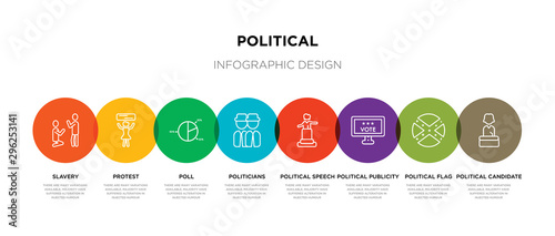 8 colorful political outline icons set such as political candidate speech, political flag, publicity on monitor screen, speech, politicians, poll, protest, slavery