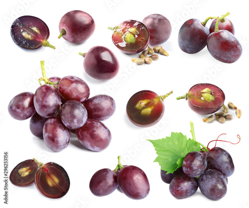 Set of fresh ripe grapes on white background
