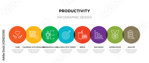 8 colorful productivity outline icons set such as analyze, appreciation, bar graph, break, bullseye with target, businessman and tactics, calendar with deadlines, care