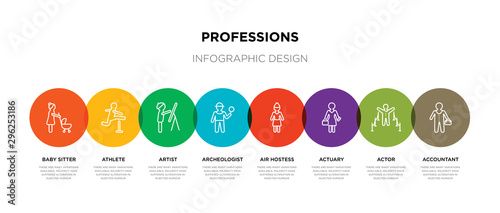 8 colorful professions outline icons set such as accountant, actor, actuary, air hostess, archeologist, artist, athlete, baby sitter