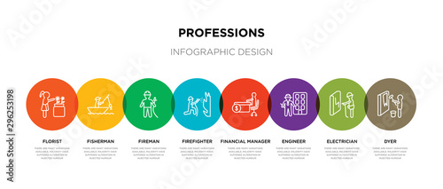 8 colorful professions outline icons set such as dyer, electrician, engineer, financial manager, firefighter, fireman, fisherman, florist