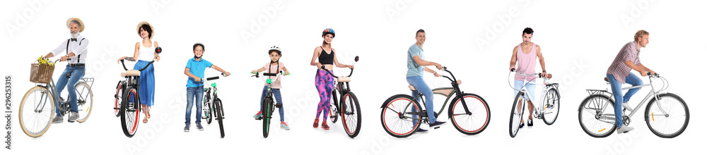 Naklejka premium Collage of people with bicycles on white background