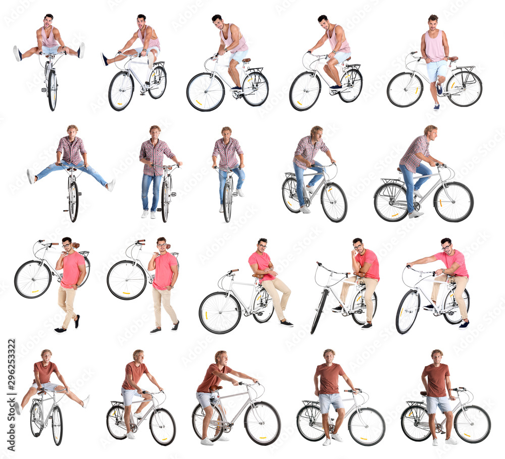 Naklejka premium Collage of young men with bicycles on white background
