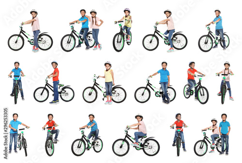 Collage of children with bicycles on white background