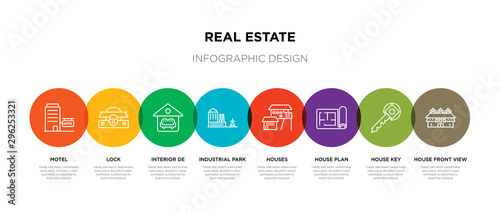 8 colorful real estate outline icons set such as house front view, house key, house plan, houses, industrial park, interior de, lock, motel