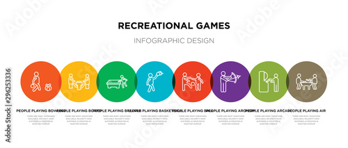 8 colorful recreational games outline icons set such as people playing air hockey, people playing arcade game, people playing archery, ball, basketball, billiard, board games, bowling