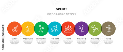 8 colorful sport outline icons set such as muscle, parachute, paragliding, podium, polo sport, powerlifting, racewalking, rafting