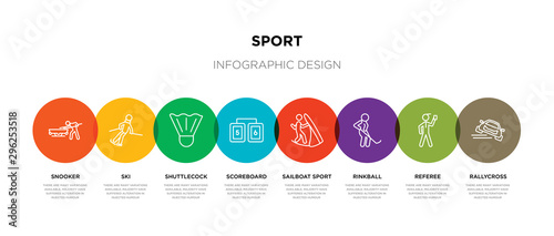 8 colorful sport outline icons set such as rallycross, referee, rinkball, sailboat sport, scoreboard, shuttlecock, ski, snooker