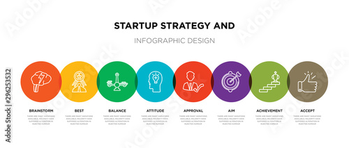 8 colorful startup strategy and outline icons set such as accept, achievement, aim, approval, attitude, balance, best, brainstorm