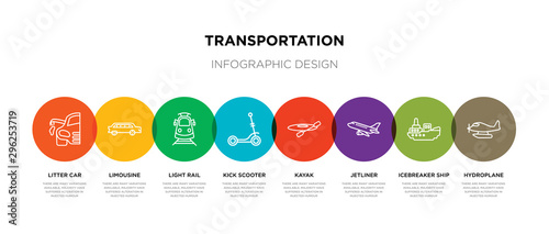 8 colorful transportation outline icons set such as hydroplane, icebreaker ship, jetliner, kayak, kick scooter, light rail, limousine, litter car