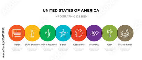 8 colorful united states of america outline icons set such as roasted turkey, rugby, rugby ball, rugby helmet, sheriff, slavery in the united states, statue of liberty, sticker