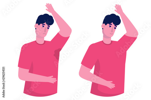 Wet armpits. Smelly, sweaty stains on male clothes. Hyperhidrosis people, sweat spots prevention. Vector illustration.