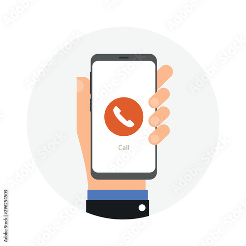 Decline phone call button on smartphone screen. Hand holding smartphone, finger touching screen. Reject call. Modern concept for web banners, web sites, infographics. Flat design vector illustration