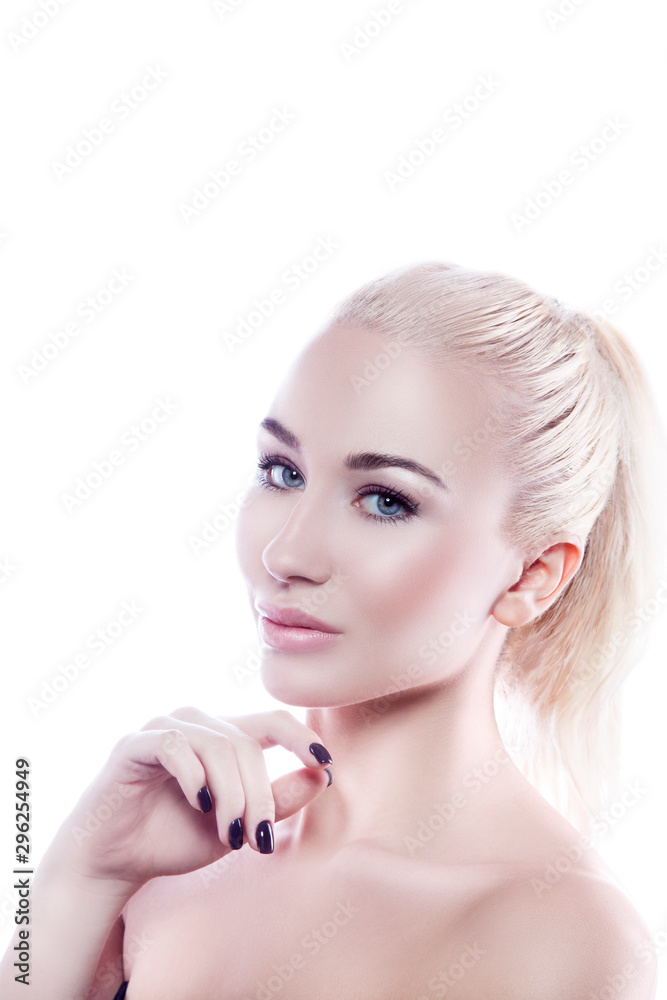 Beauty portrat of modern sexy young woman with healthy perfect skin, lips, blonde hair, nails manicure, nude make-up. Skincare facial treatment concept Beauty portrat of modern sexy young woman with healthy perfect skin, lips, blonde hair, nails manicure, nude make-up. Skincare facial treatment concept