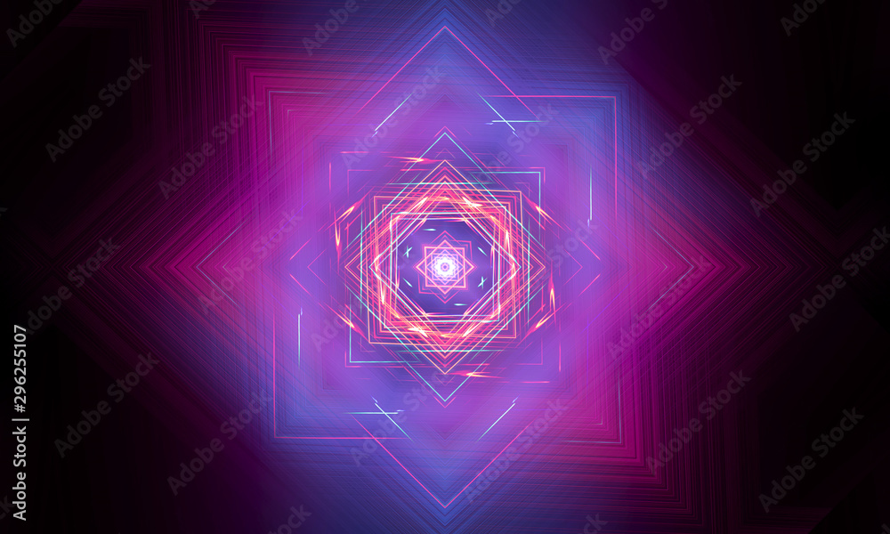 Dark abstract futuristic background. Neon lines glow. Neon lines, geometric shapes. Pink and blue glow. Abstract neon light, night view. Dark abstract futuristic background. Neon lines glow. Neon lines, geometric shapes. Pink and blue glow. Abstract neon light, night view.