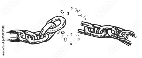 Broken Metallic Chain Freedom Concept Ink Vector. Breaking And Demolition Steel Chain. Disruption Strong Steel Engraving Template Hand Drawn In Vintage Style Black And White Illustration