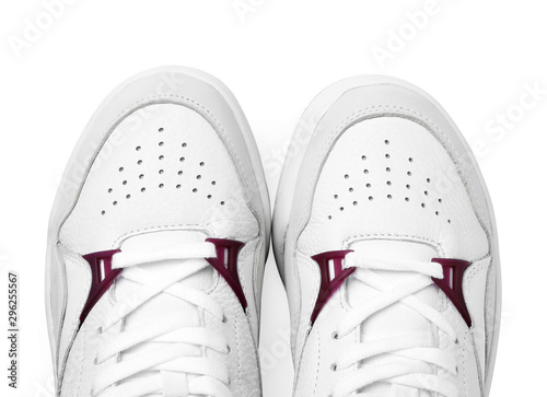 Pair of stylish shoes on white background, top view