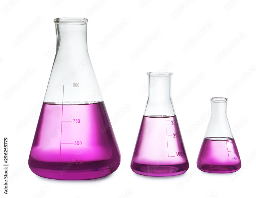 Conical flasks with purple liquid on white background